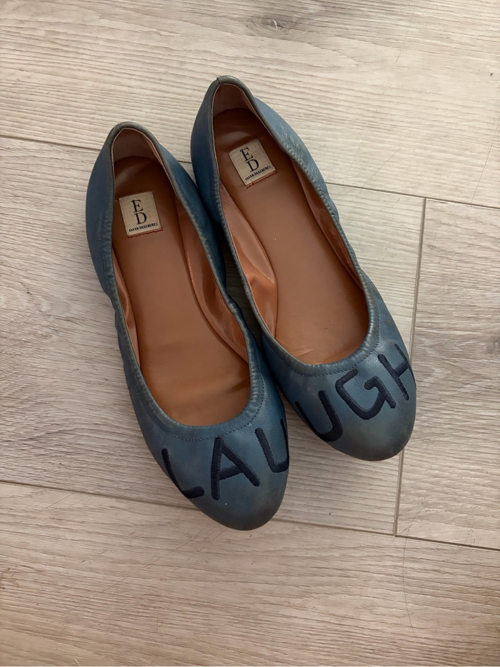 Ellen Degeneres Blue Leather 'LAUGH' Ballet Flats
